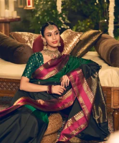Rudraksha- Black with Green Half and Half Kanchipuram Silk Saree