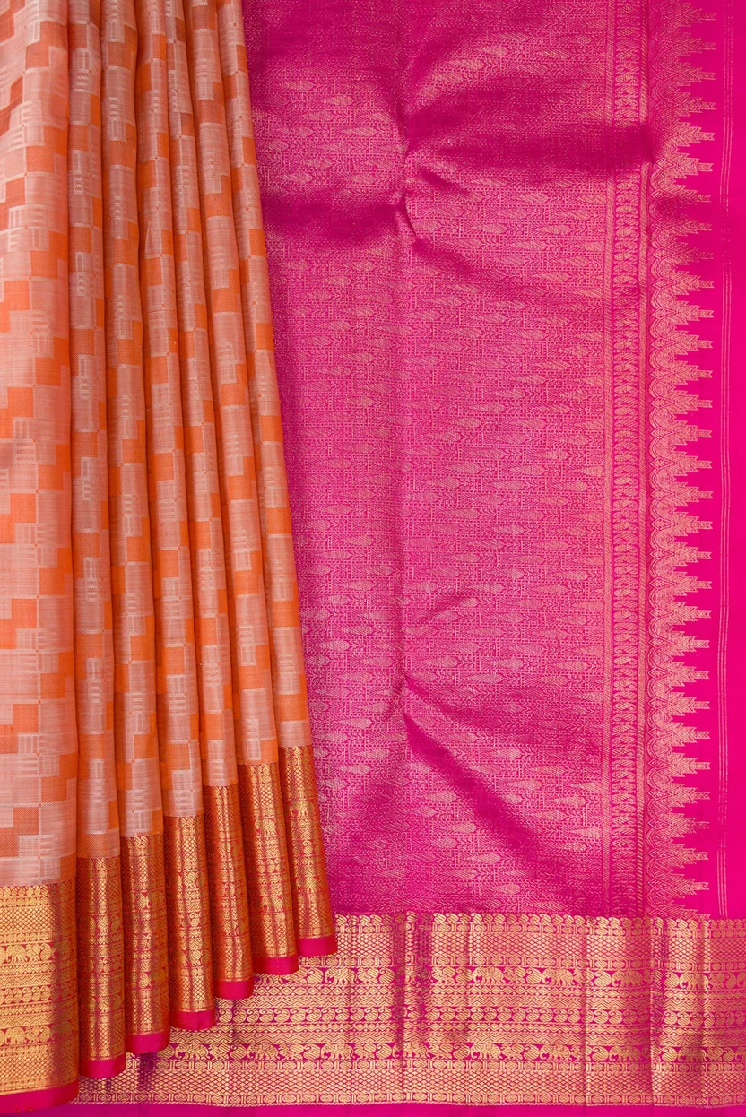 Pure Silk Pure Zari Orange Kanchipuram Saree - Image 3