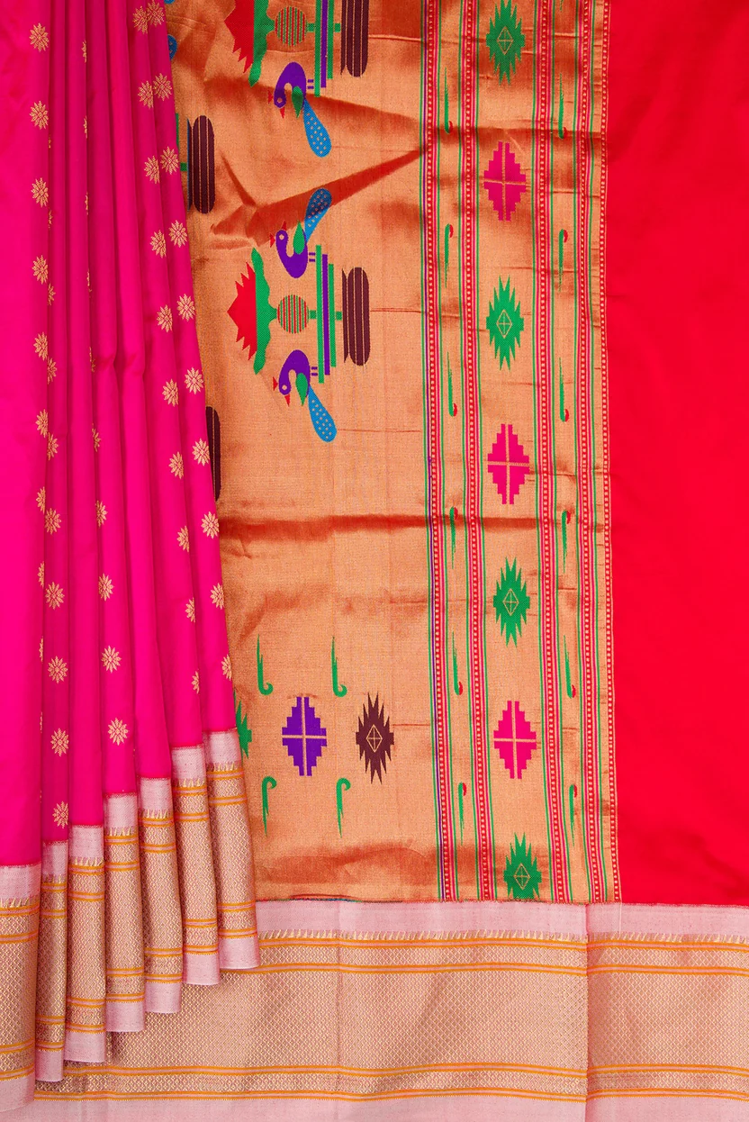 Pure Silk Dark Pink Dual Tone Paithani Saree - Image 3