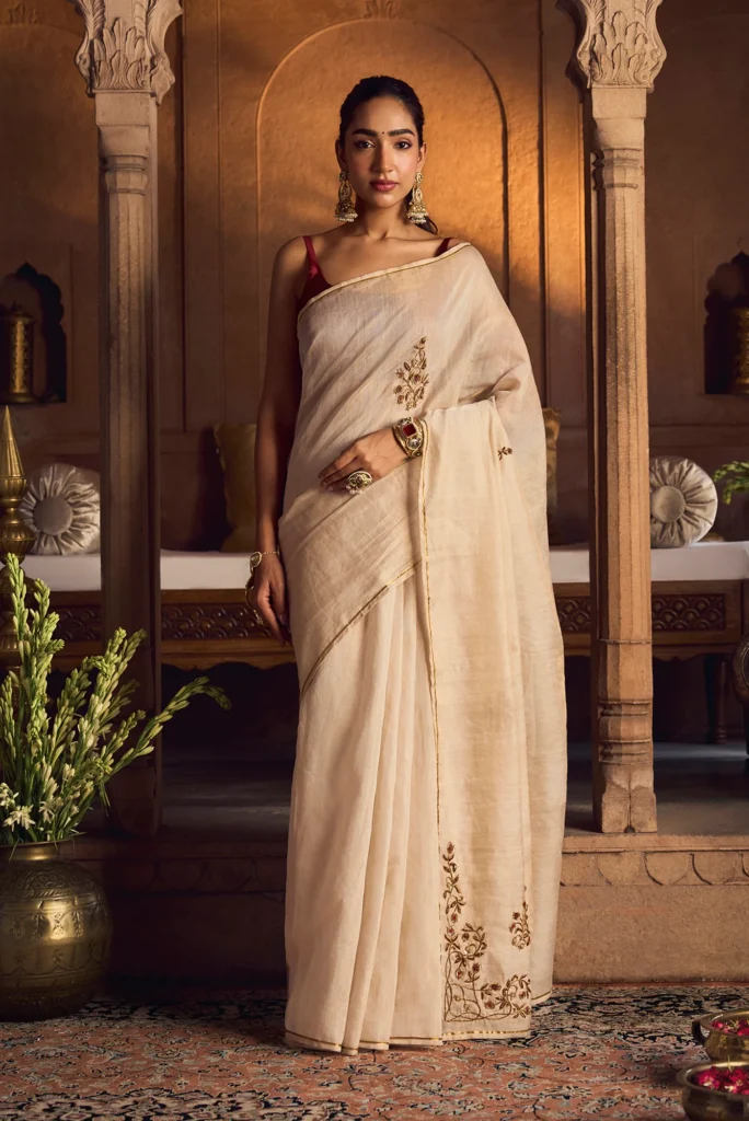 Rumana - Ivory Cream Chanderi Silk Cotton Saree